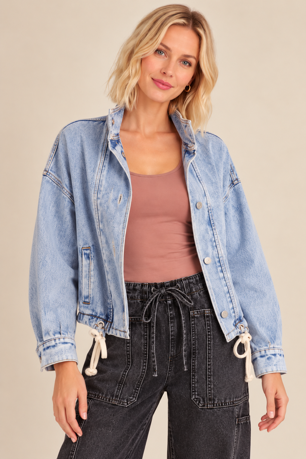 Oversized Denim Drawstring Jacket – Light Wash