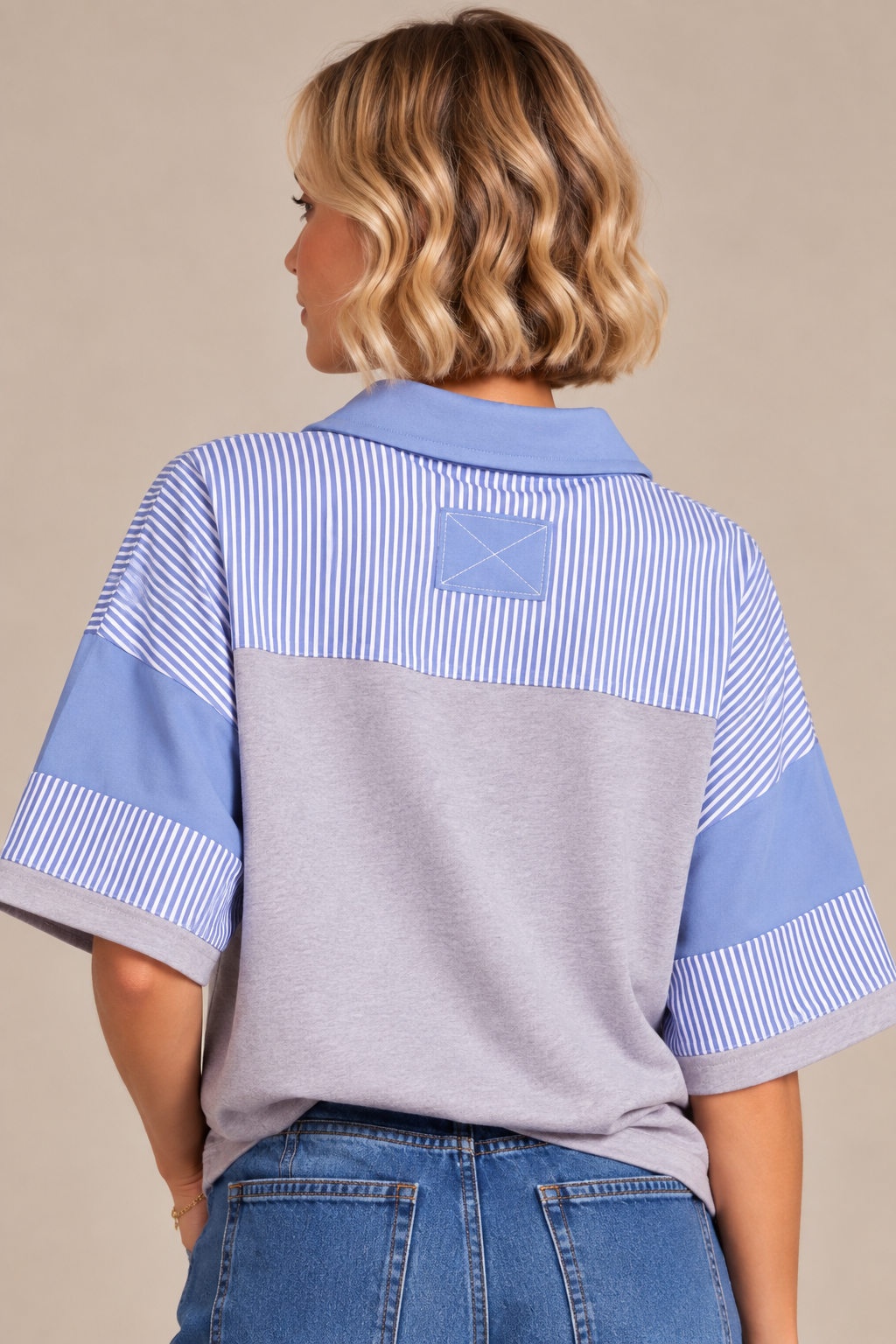 Mixed Media Collared Top – Light Blue & Heather Grey