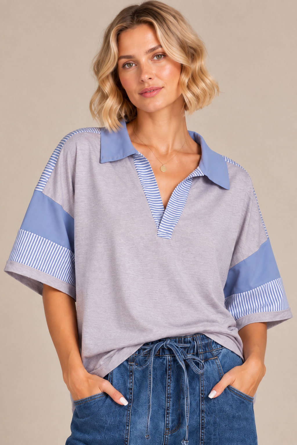 Mixed Media Collared Top – Light Blue & Heather Grey