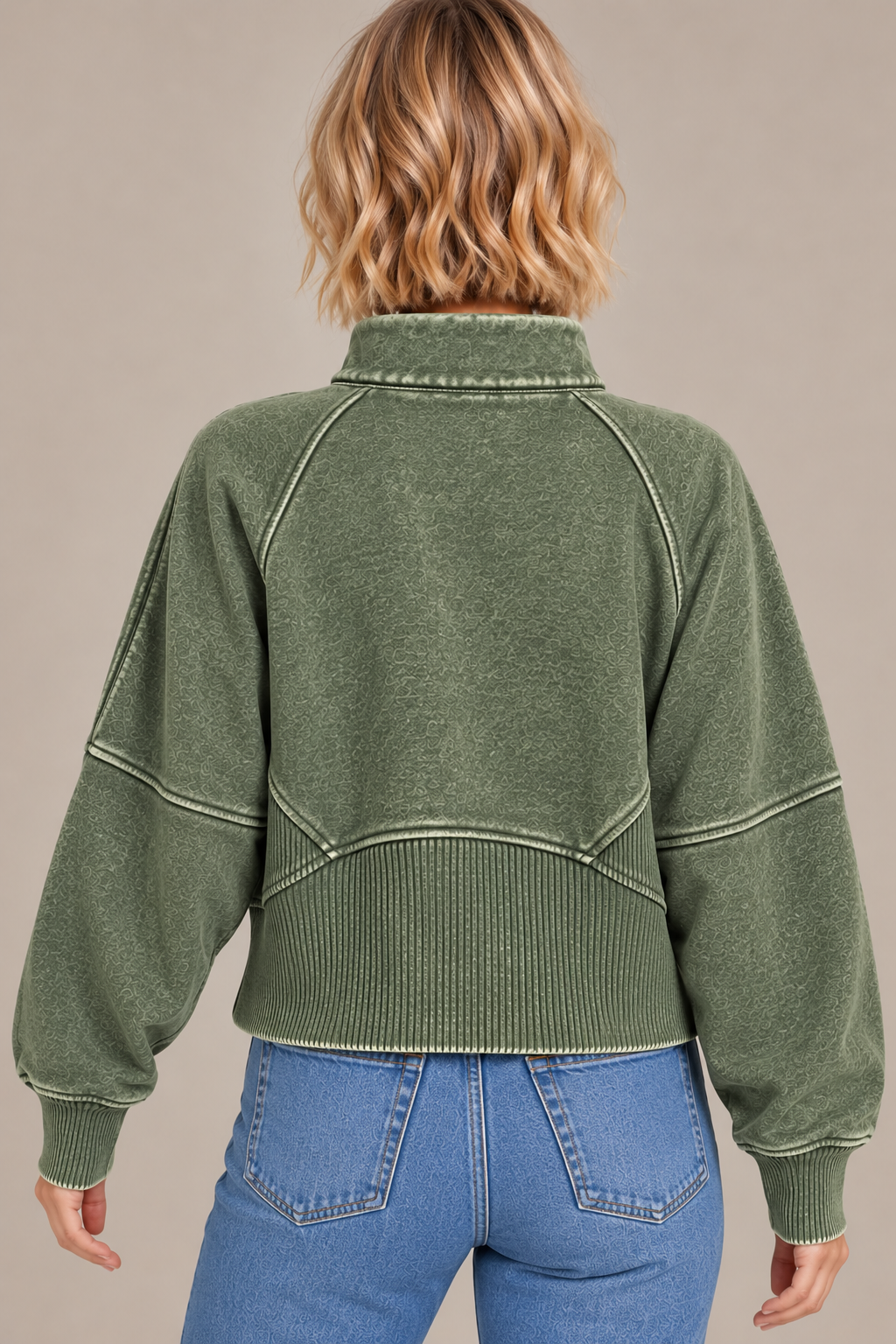 Acid Washed Half Zip Fleece Pullover - Army Green