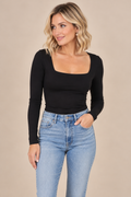 Black Square Neck Long Sleeve Top
