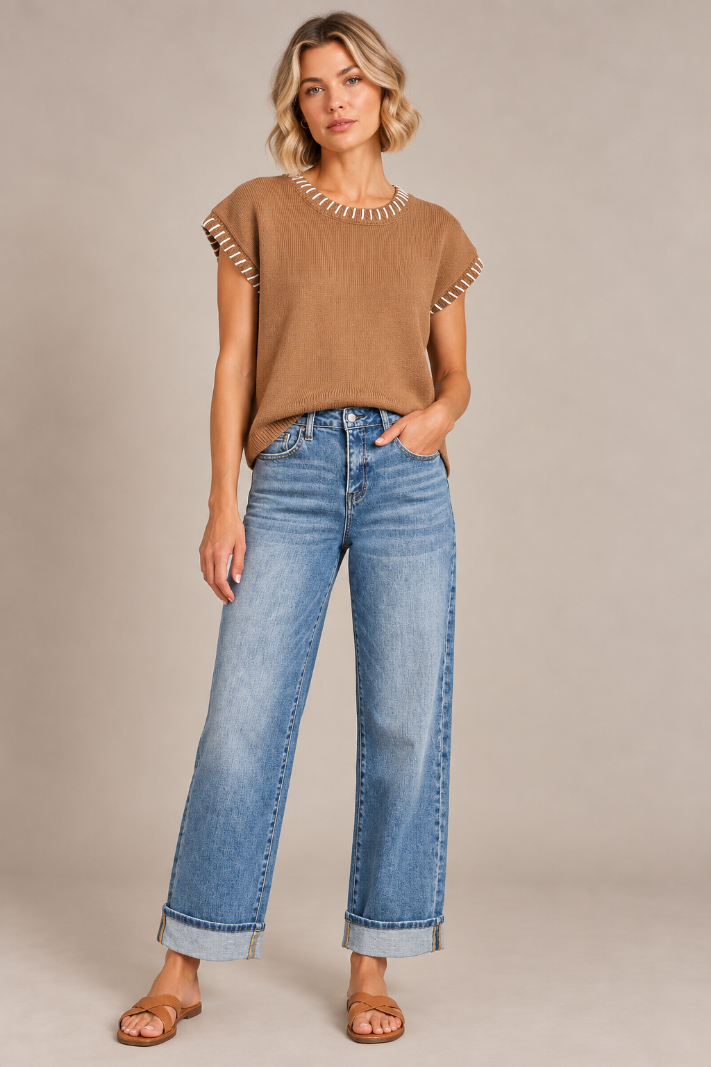 Contrast Stitch Knit Top – Deep Camel