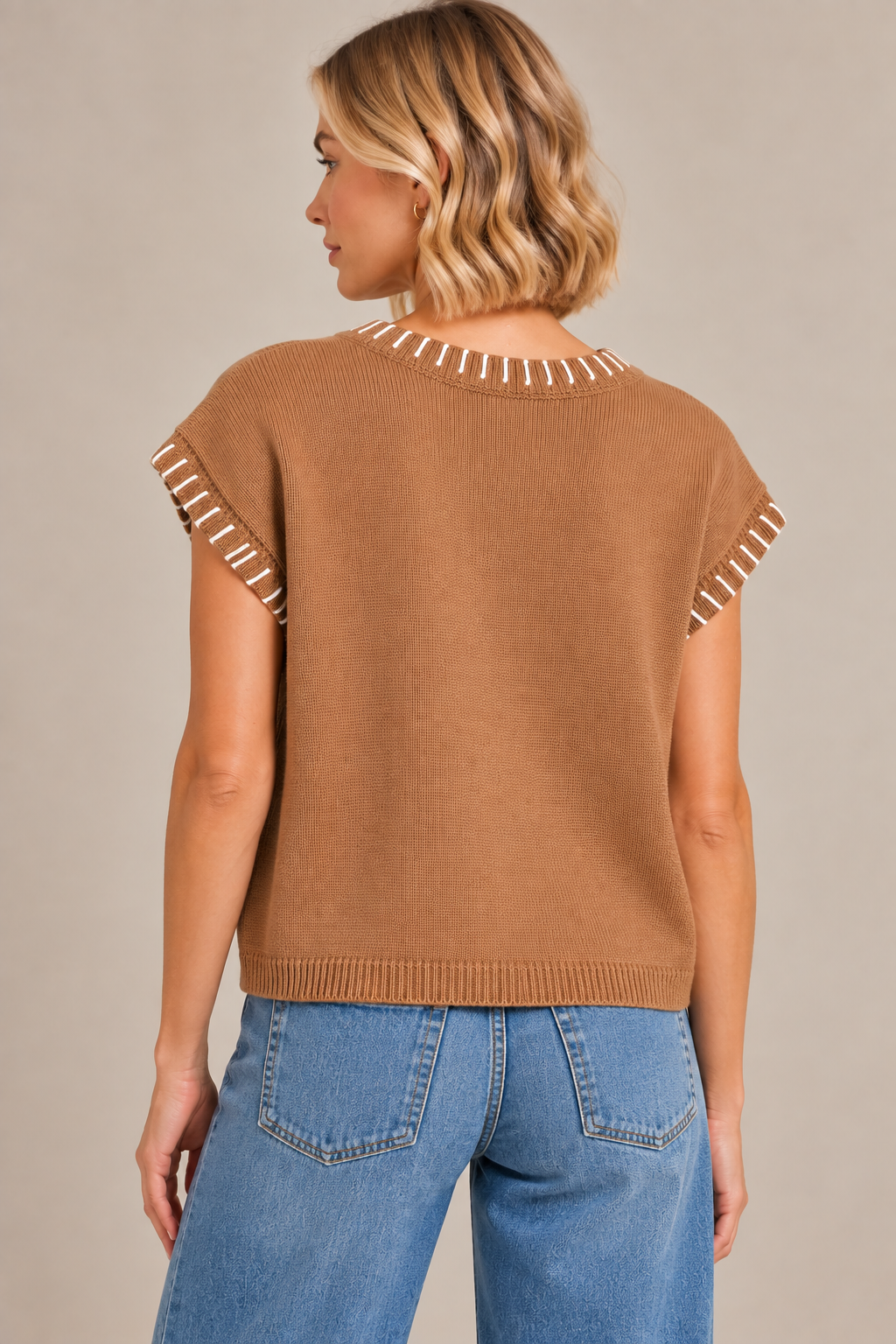 Contrast Stitch Knit Top – Deep Camel