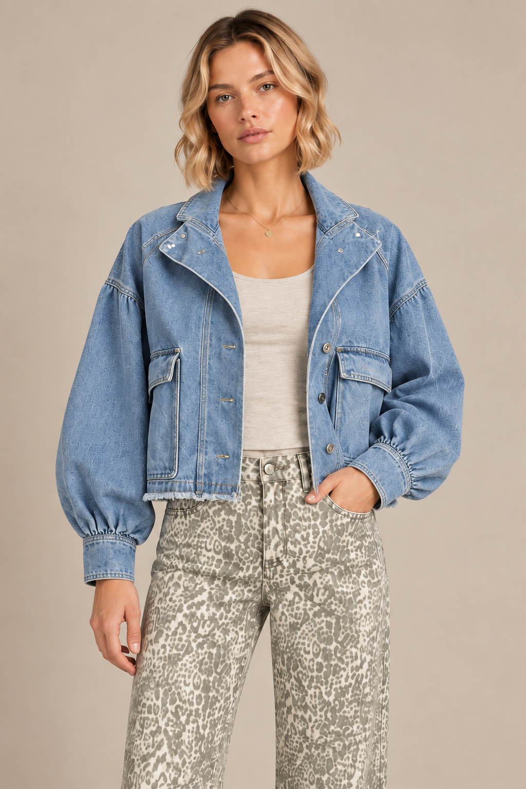 Balloon Sleeve Denim Jacket – Medium Wash