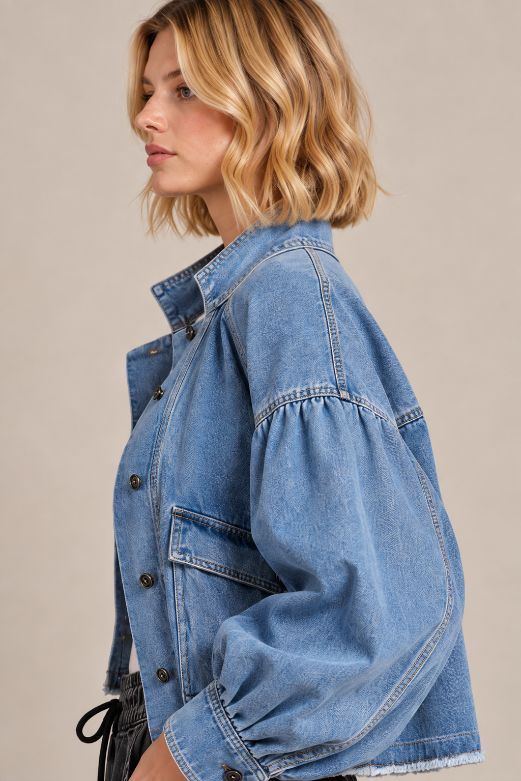 Balloon Sleeve Denim Jacket – Medium Wash