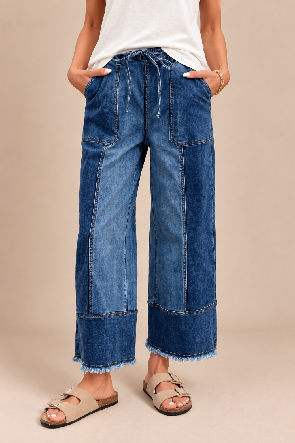 Drawstring Seam Detail Raw Hem Wide Leg Jean