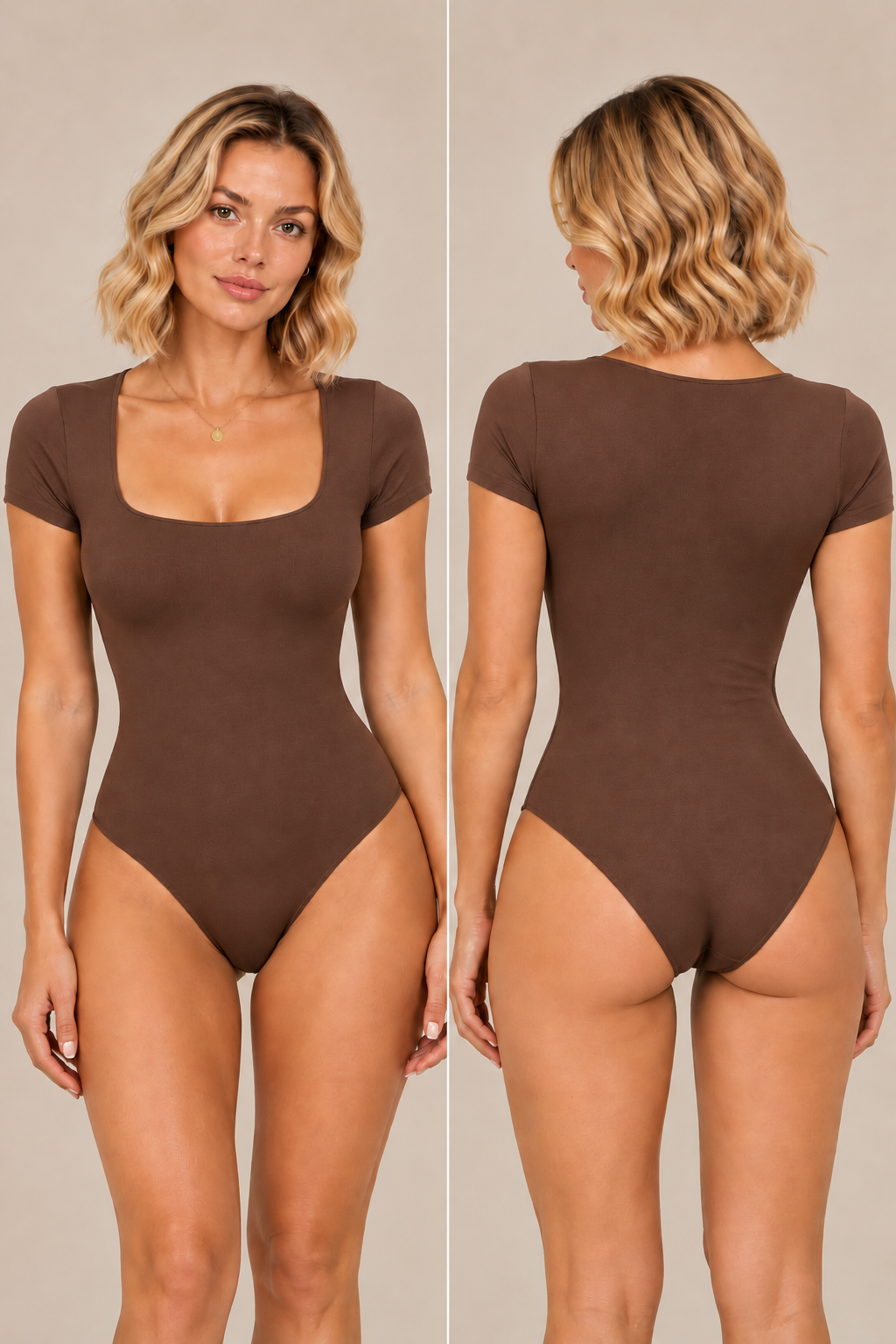 Square Neck Short Sleeve Bodysuit - Mocha