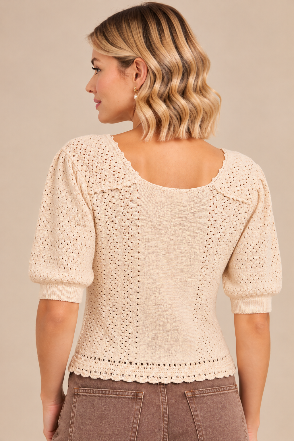 Oatmeal Pointelle Scallop Knit Top