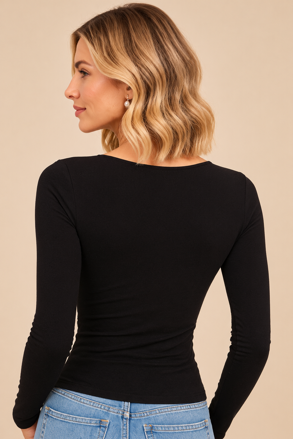 Black Square Neck Long Sleeve Top
