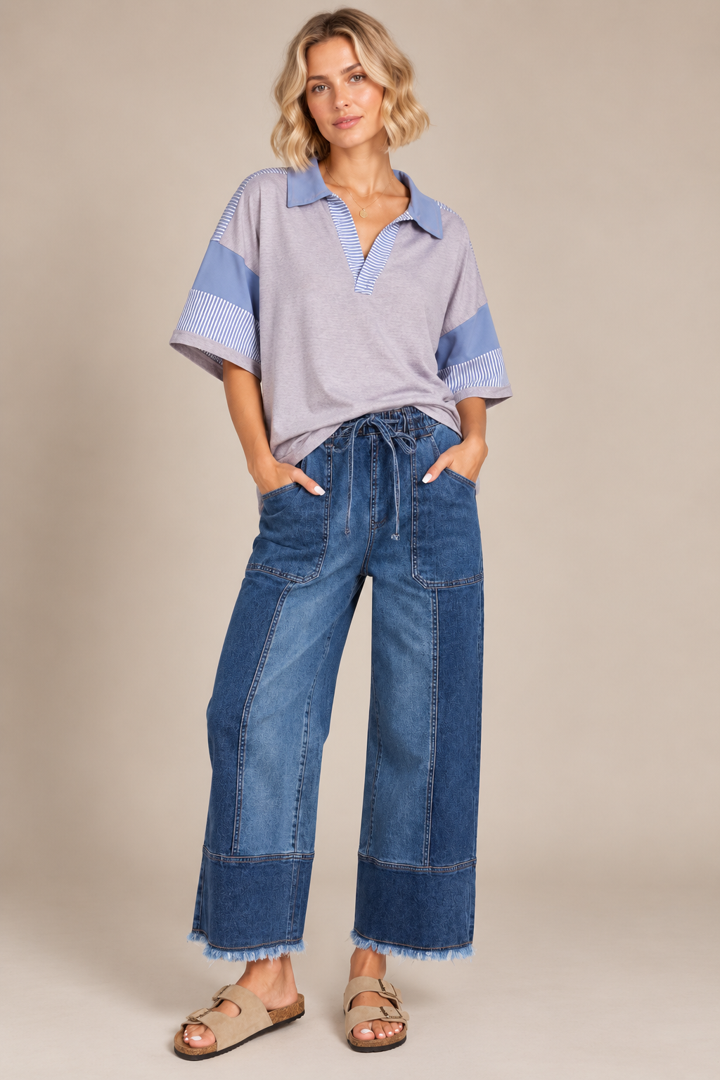 Drawstring Seam Detail Raw Hem Wide Leg Jean