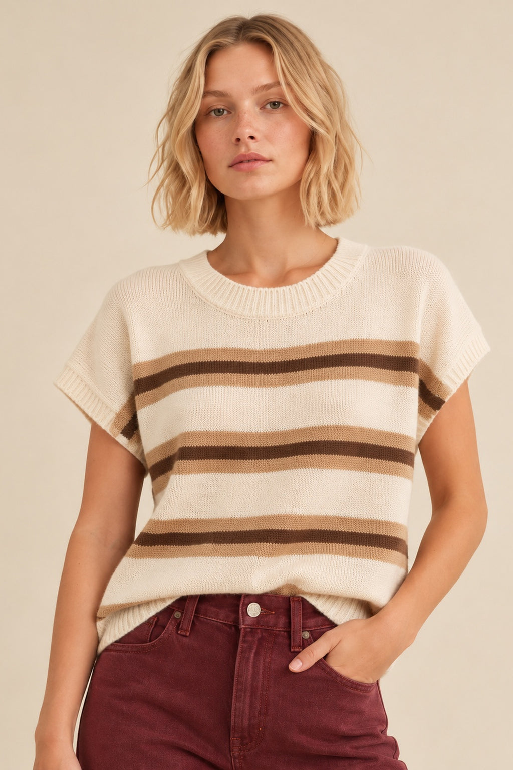 Neutral Stripe Short Sleeve Knit Top
