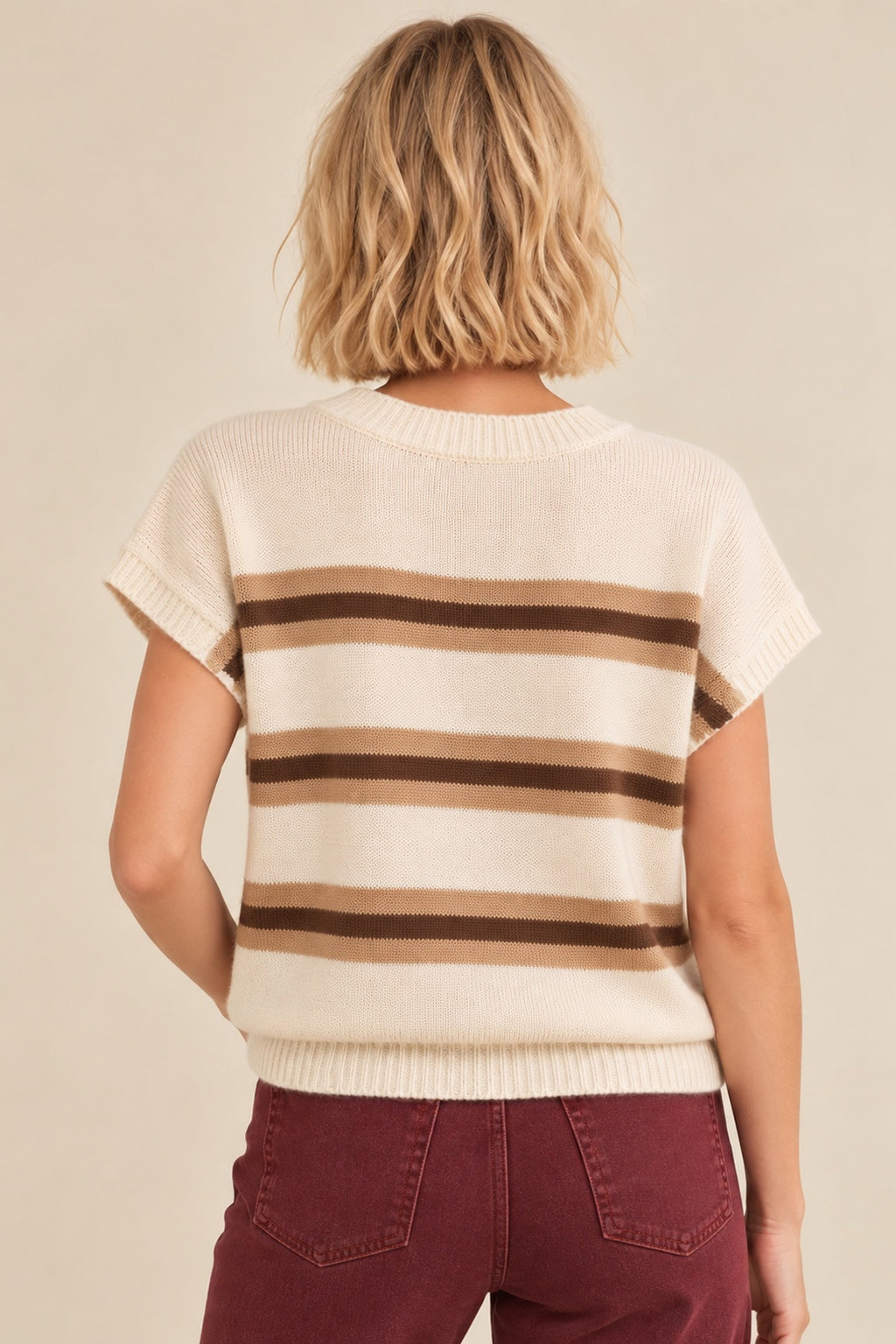 Neutral Stripe Short Sleeve Knit Top