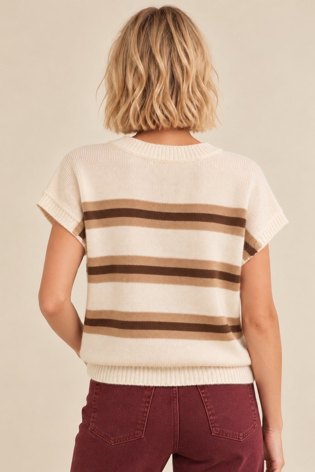 Neutral Stripe Short Sleeve Knit Top