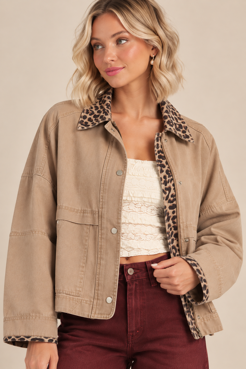 Leopard Trim Utility Jacket
