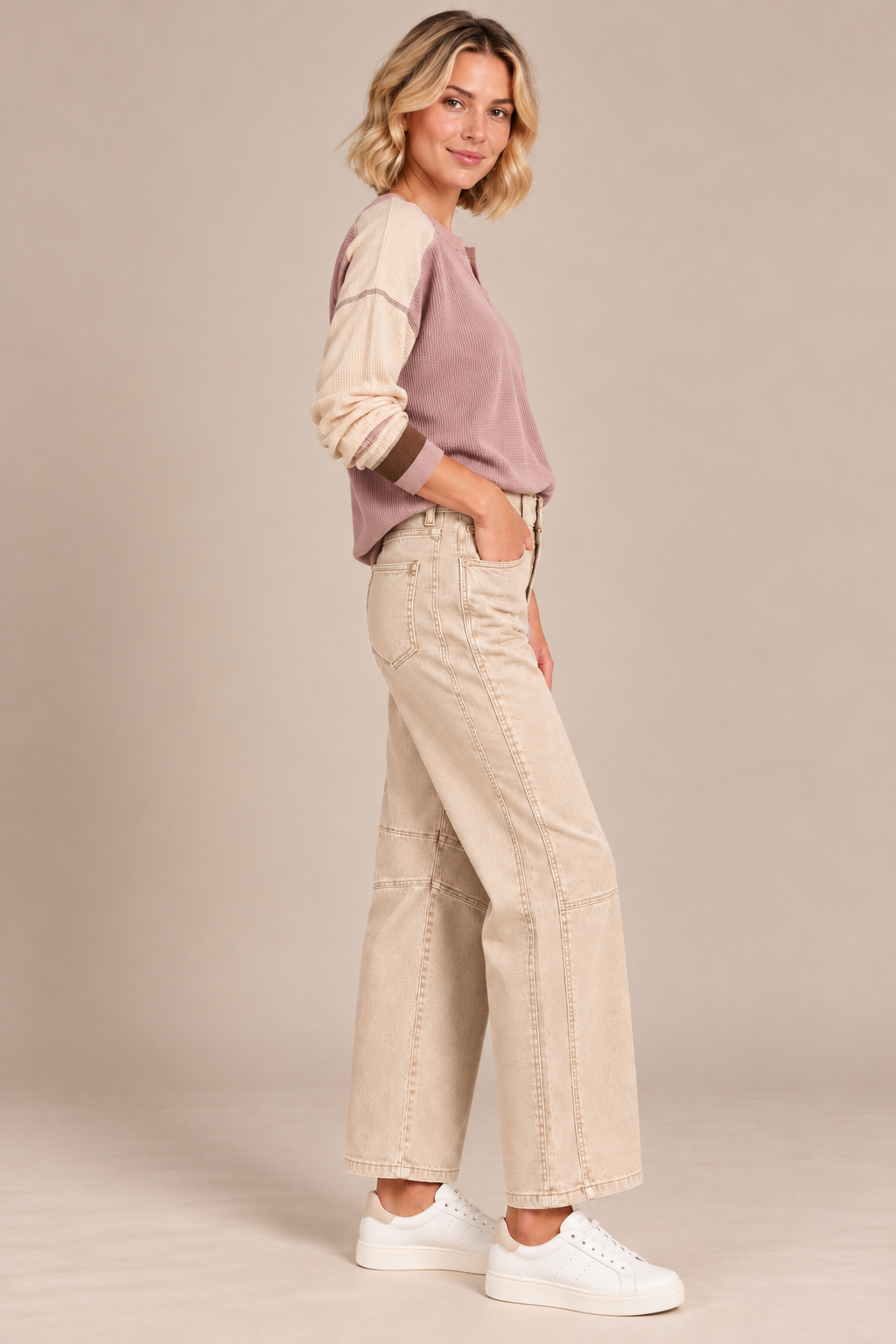 Sand Beige High-Rise Barrel Jeans