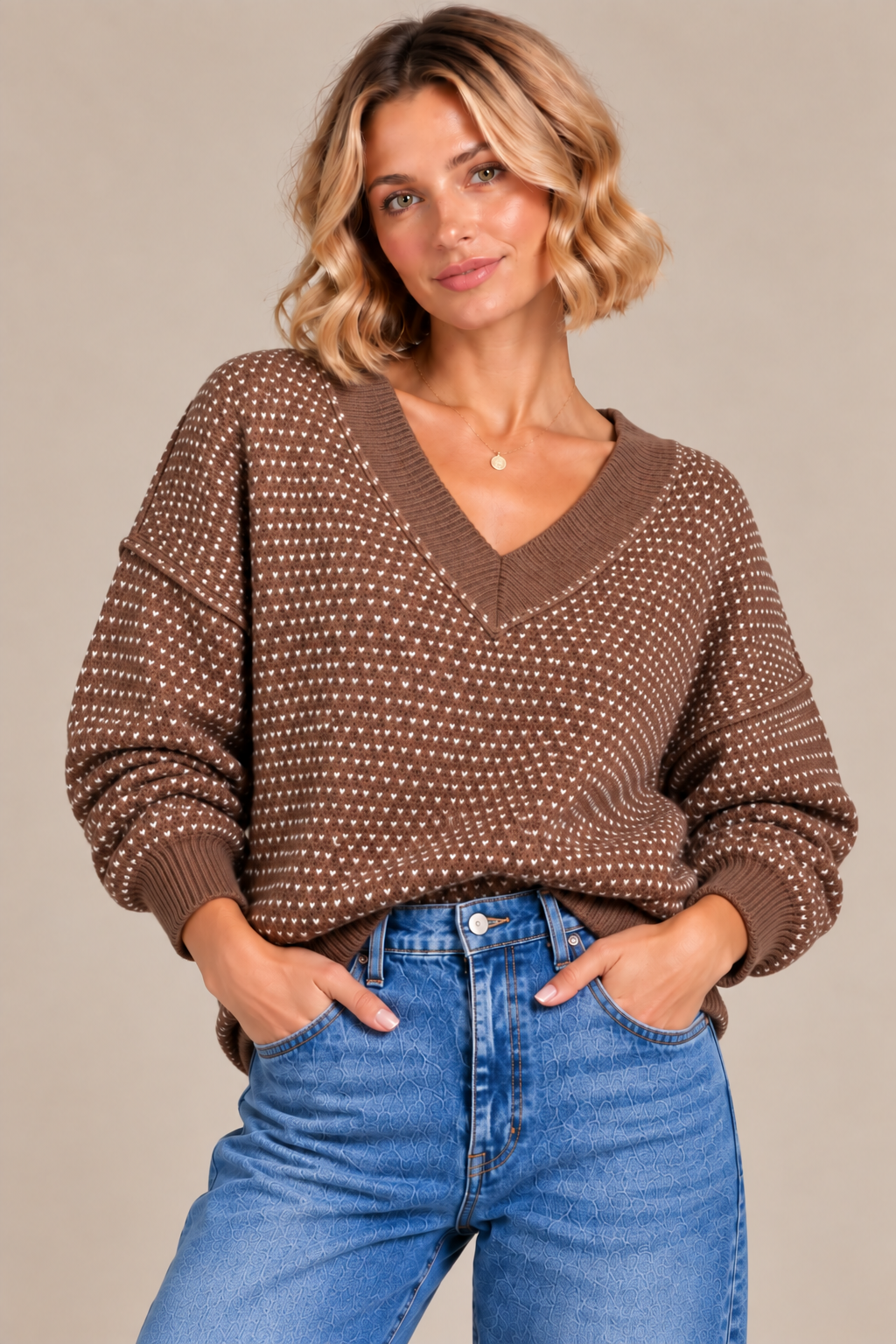 Contrast Stitch V-Neck Sweater – Chocolate Brown & Light Blue