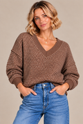 Contrast Stitch V-Neck Sweater – Chocolate Brown & Light Blue