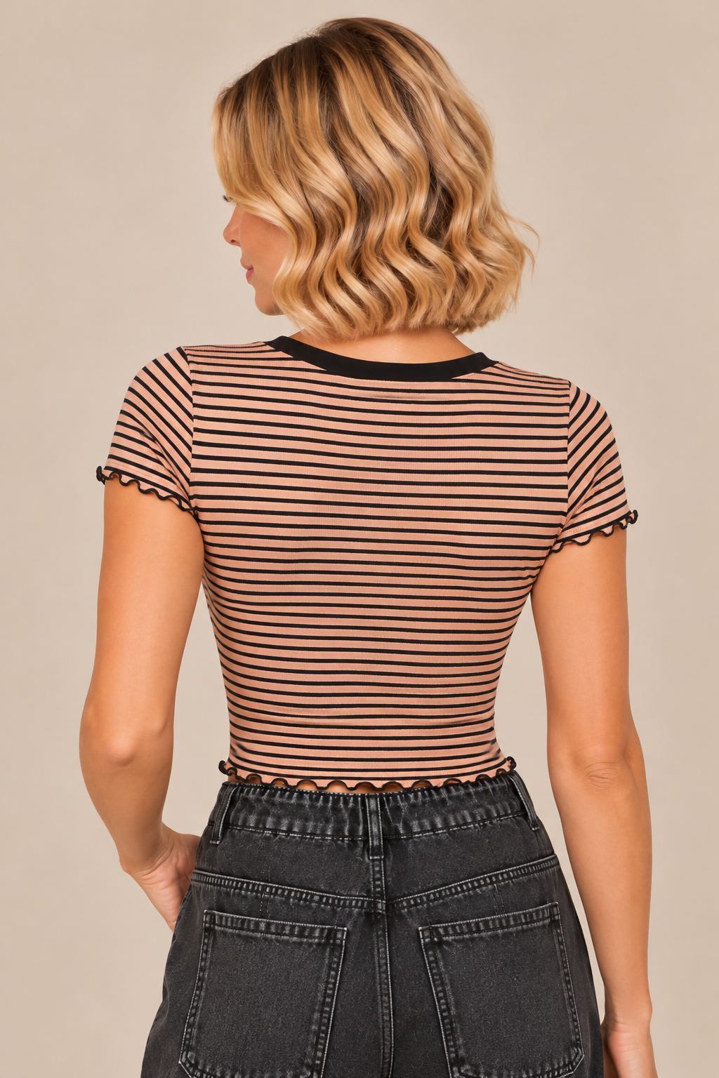 Chocolate Mousse & Black Striped Ribbed Crop Top