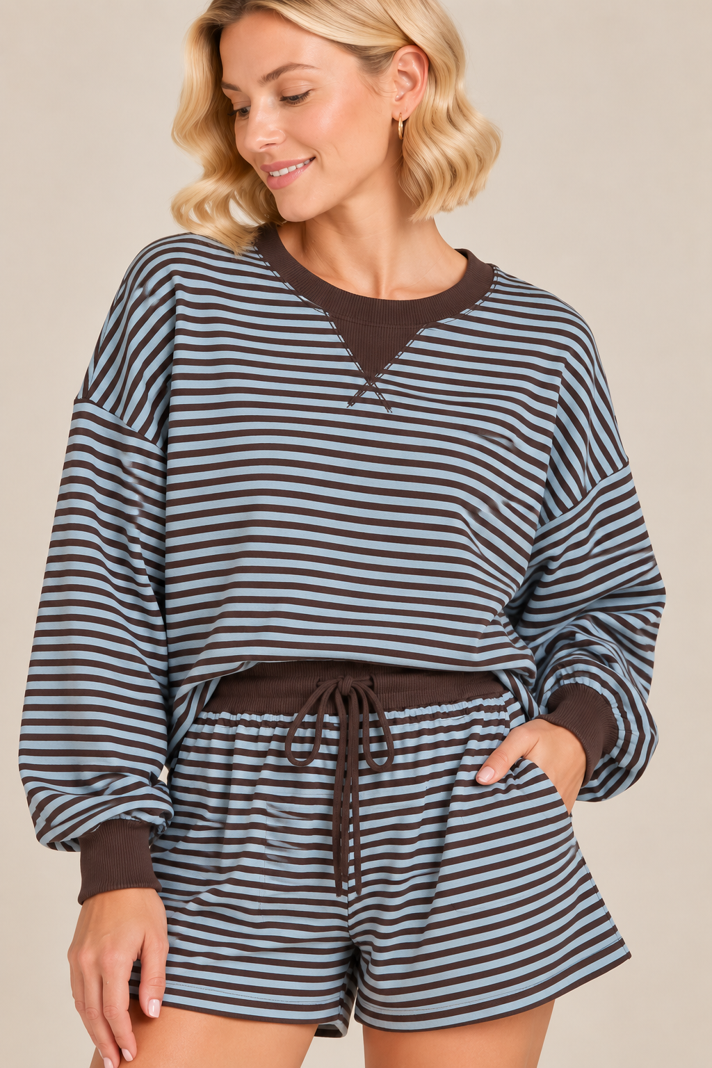 Striped Lounge Set – Brown & Light Blue