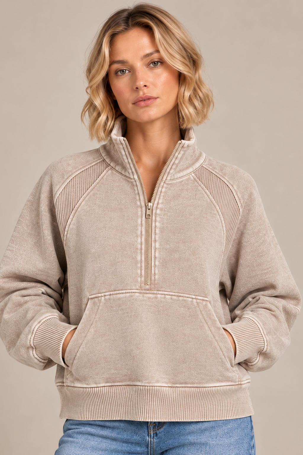 Acid Washed Half Zip Fleece Pullover - Ash Mocha