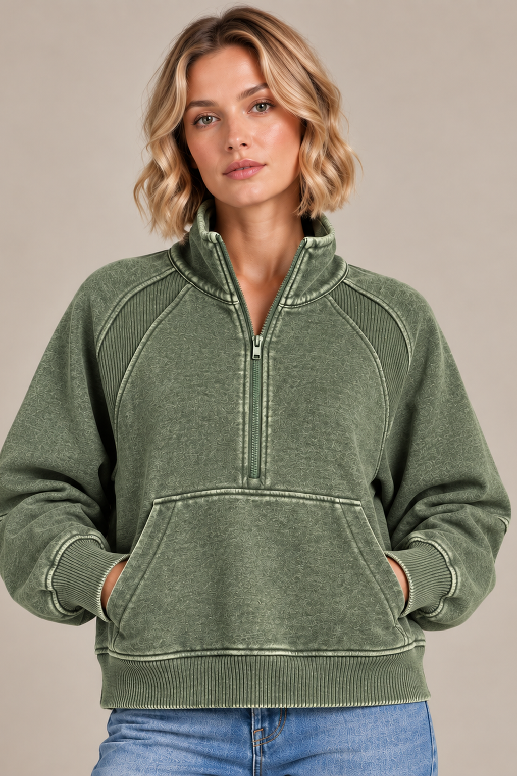 Acid Washed Half Zip Fleece Pullover - Army Green