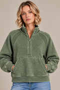 Acid Washed Half Zip Fleece Pullover - Army Green